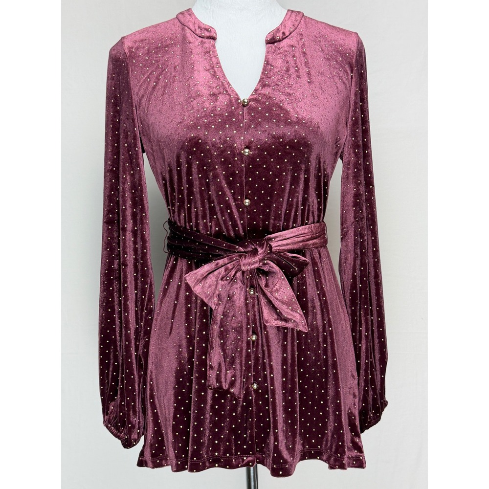 Colleen Lopez Women Velvet Tunic XS Burgundy Gold Studded Tie Waist Button Up
